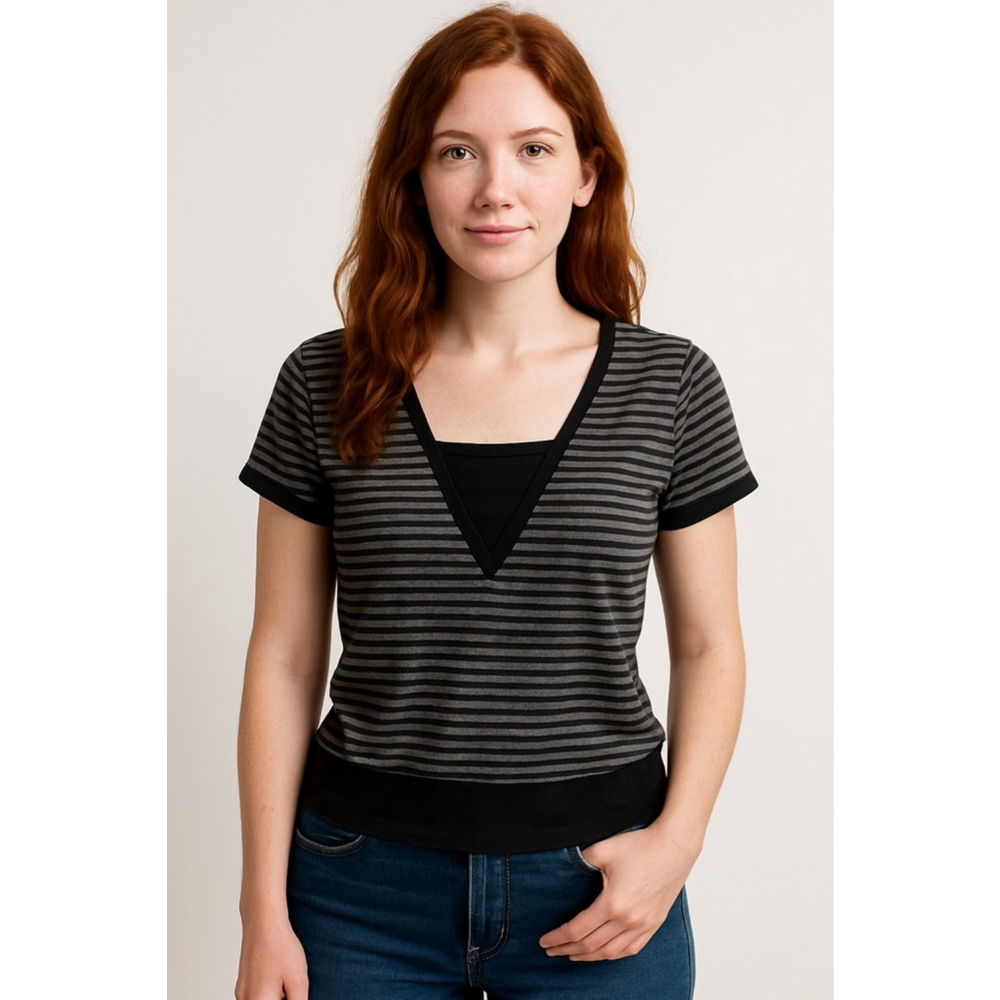 Romwe Black Gray Striped Short Sleeve Tee Shirt Large